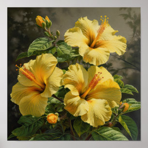 Gele Hibiscus Bloemenkunst Print Poster