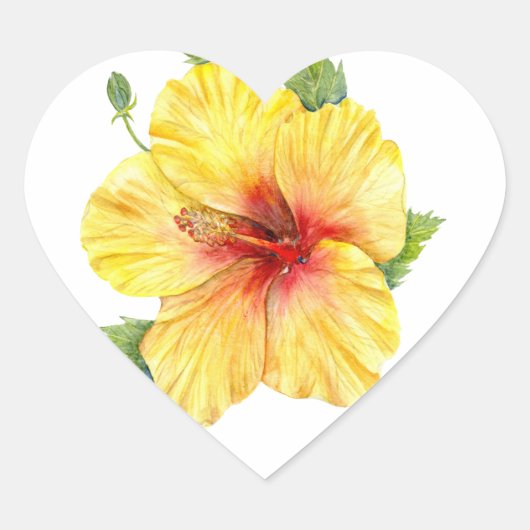 Gele Hibiscus Botanische Kunst Hart Sticker (Voorkant)