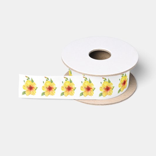 Gele Hibiscus Botanische Kunst Satijnen Lint (Spoel)
