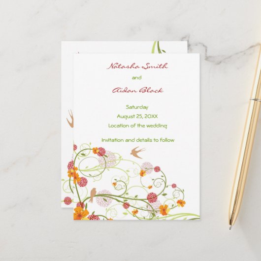 Gele hibiscus en doorslikken Floral sparen de datu Aankondigingskaart (Voorkant / Achterkant in situ)