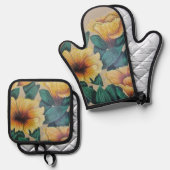 Gele hibiscus ovenhandset ovenwant & pannenlap set (Voorkant / Achterkant)
