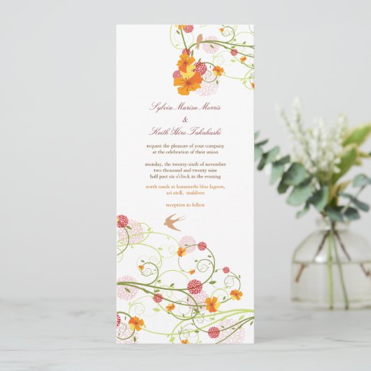 Gele Hibiscus Swirls & Swallows Floral Wedding Kaart (Staand voorkant)