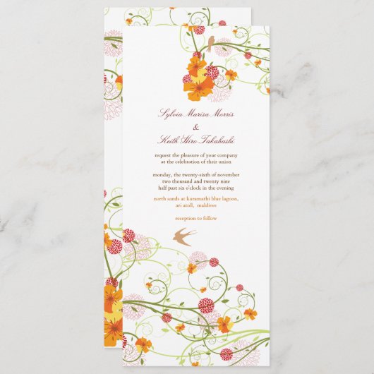 Gele Hibiscus Swirls & Swallows Floral Wedding Kaart (Voorkant / Achterkant)