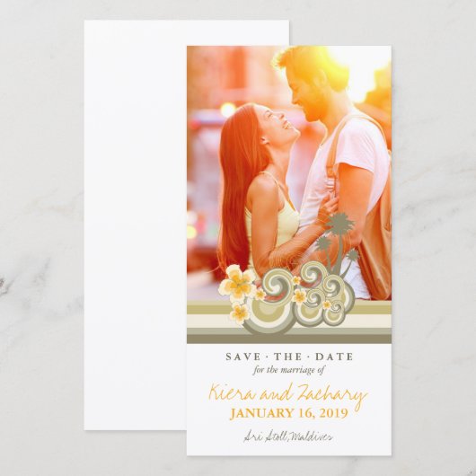 Gele Hibiscus Tropische Taupe Waves Beach Foto Save The Date (Voorkant / Achterkant)