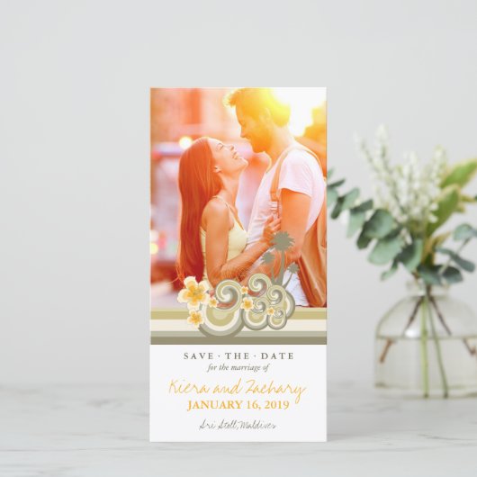 Gele Hibiscus Tropische Taupe Waves Beach Foto Save The Date (Staand voorkant)