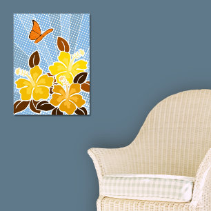 Gele Hibiscus & Vlinder Blauwe Lucht Pop-art Stijl Poster