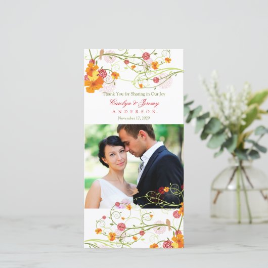 Gele Hibiscus & Zwaluwen Bloemen Trouwfoto Bedankkaart (Staand voorkant)