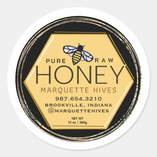 Gele Honing Hexagon Label Bijen Grunge Gouden Rand (Voorkant)