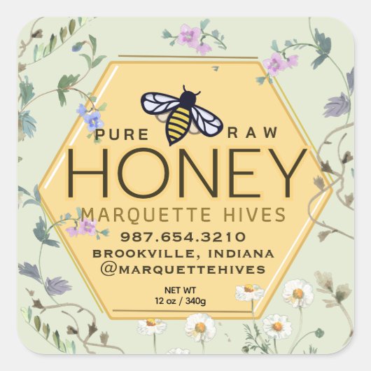 Gele Honing Hexagon Label Wildflower Border & Bee (Voorkant)
