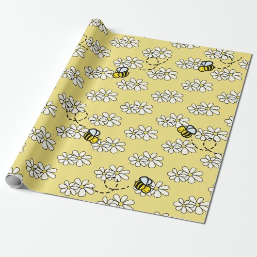 Gele Honingbij & Witte Daisy Patroon Cadeaupapier (Uitgerold)