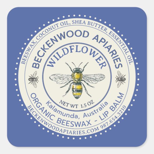 Gele honingbije LIP BALM Etiket imker Blue (Voorkant)