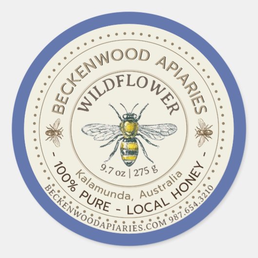 Gele honingbijen Etiket bijenkast Blauwe grens (Voorkant)