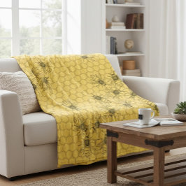 Gele honingbijen & honingraten fleece deken