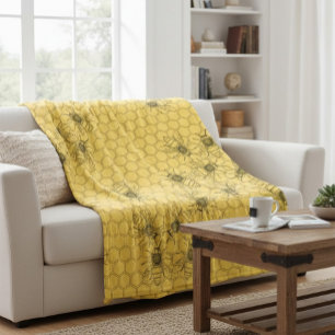 Gele honingbijen & honingraten fleece deken