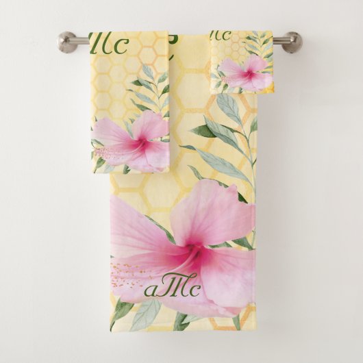 Gele honingraat bijen roze paar monogram bad handdoek (Insitu)