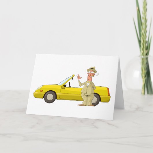 Gele Humoristische Auto met Retro Heer Bedankkaart (Voorkant)