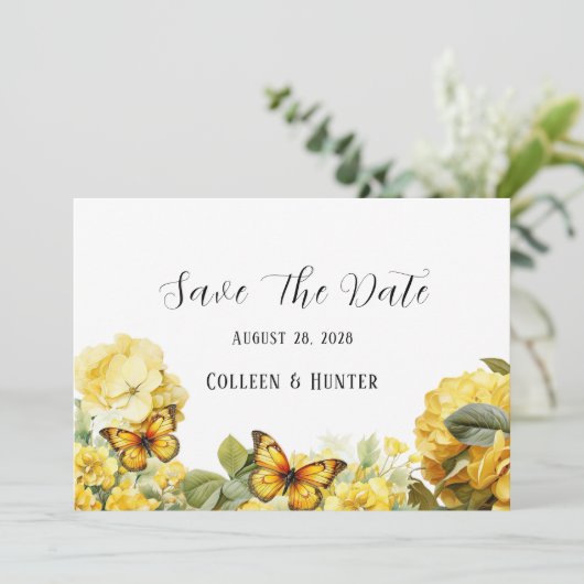 Gele Hydrangea vlinder bewaar de datumkaarten Kaart (Staand voorkant)