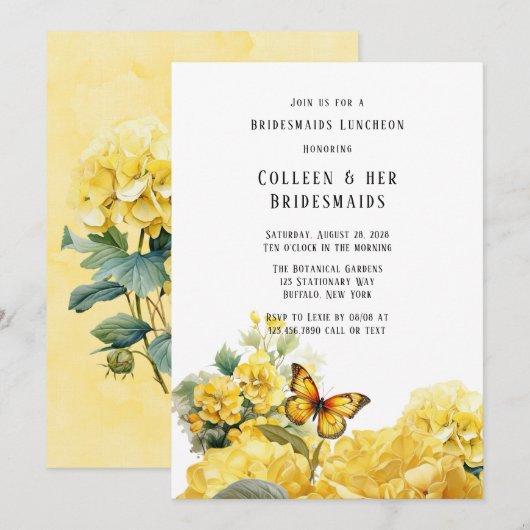 Gele Hydrangea Vlinder Bruidsmeisjes Luncheon Kaart (Voorkant / Achterkant)