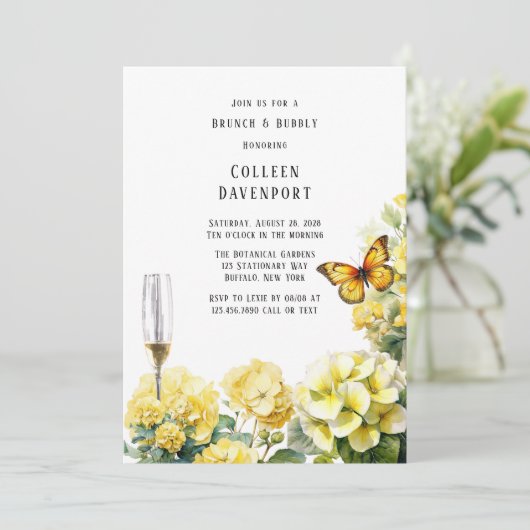 Gele Hydrangea Vlinder Brunch & Bubble Kaart (Staand voorkant)
