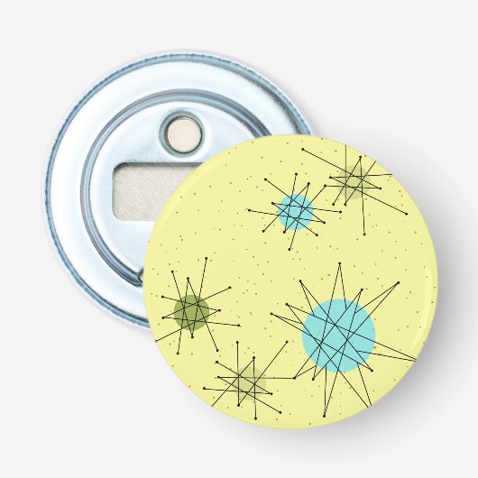 Gele iconische Atomic Starbursts Pattern Button Bo Flesopener (Voorkant)