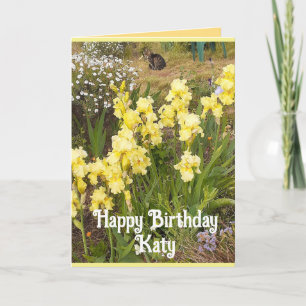 Gele Iris en Tabby Kattenbloemen Verjaardag Kaart