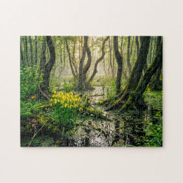 Gele irissen in moeras met kraanvogel legpuzzel