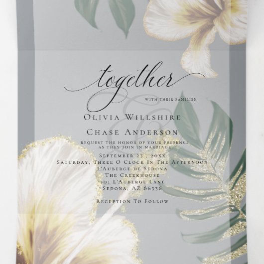 Gele ivoren Waterverf Hibiscus Foliage Weddenschap Drieluik Uitnodiging (Binnenkant midden)