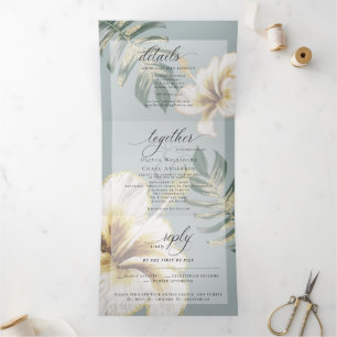 Gele ivoren Waterverf Hibiscus Foliage Weddenschap Drieluik Uitnodiging