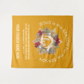 Gele JESUS IS DE REDEN VAN kersttapage Wandkleed (Voorkant (horizontaal))