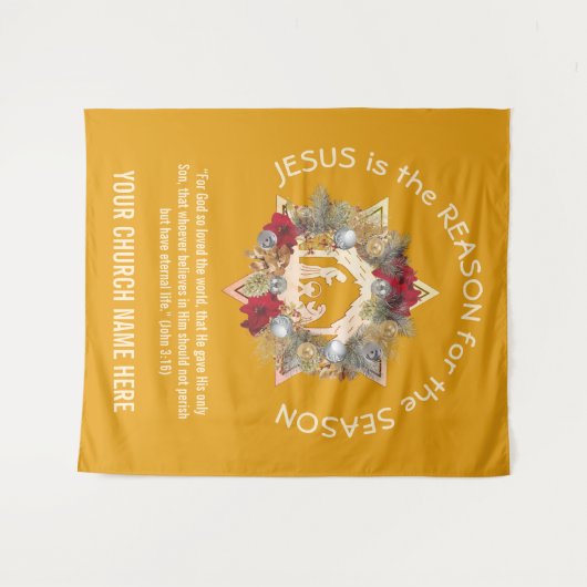 Gele JESUS IS DE REDEN VAN kersttapage Wandkleed (Voorkant (horizontaal))