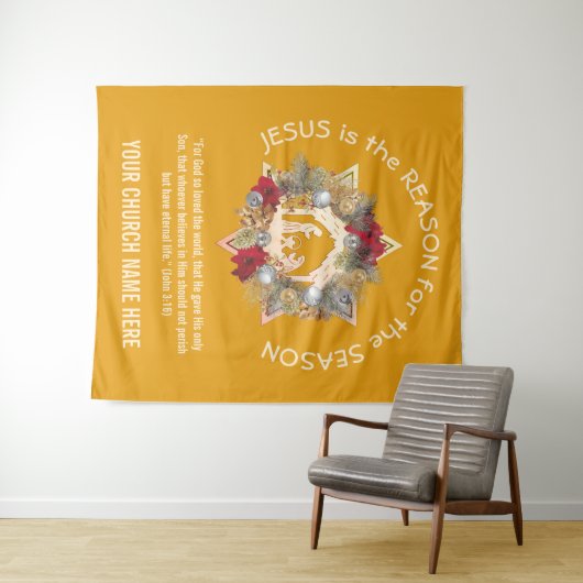 Gele JESUS IS DE REDEN VAN kersttapage Wandkleed (In Situ (horizontaal))