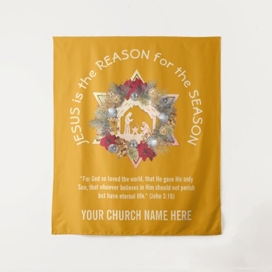 Gele JESUS IS DE REDEN VAN kersttapage Wandkleed (Voorkant)