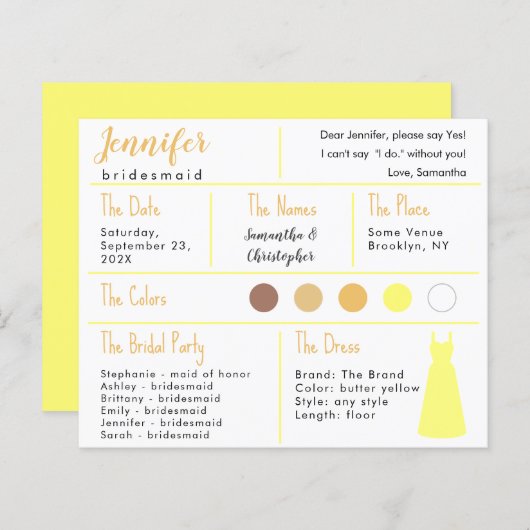 Gele jurk kleur bruidsmeisje informatie Kaart (Voorkant / Achterkant)