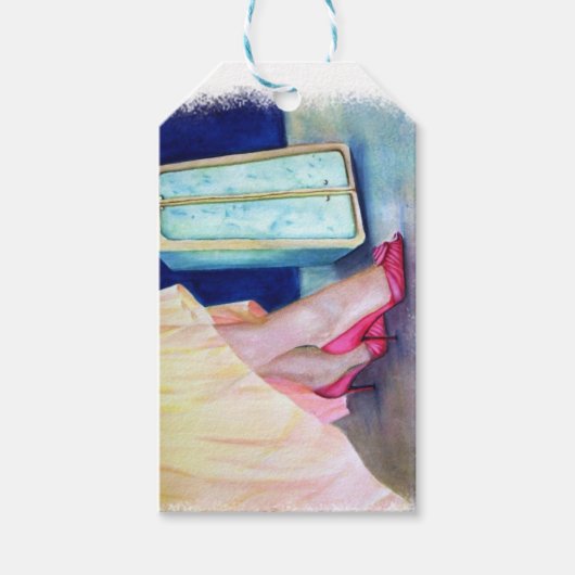 GELE JURK, RODE SCHOENEN CADEAULABEL (Voorkant)