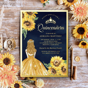 Gele jurk zonnebloemen marineblauwe Quinceanera go Folie Uitnodiging