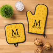 Gele kaas plak print op maat monogram ovenwant & pannenlap set (Top down)