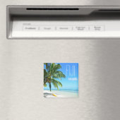 Gele kajak op een Fiji strand vierkante tekst magn Magneet (Insitu (Vaatwasser))