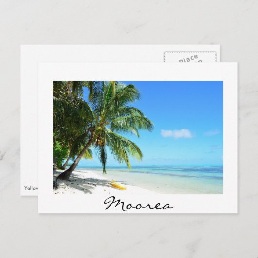 Gele kajak op het strand van Moorea witte tekst br Briefkaart (Voorkant / Achterkant)