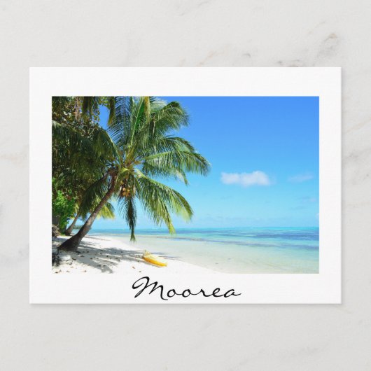 Gele kajak op het strand van Moorea witte tekst br Briefkaart (Voorkant)