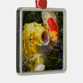 Gele karperkoi en goudvis op het wateroppervlak metalen ornament (Rechts)
