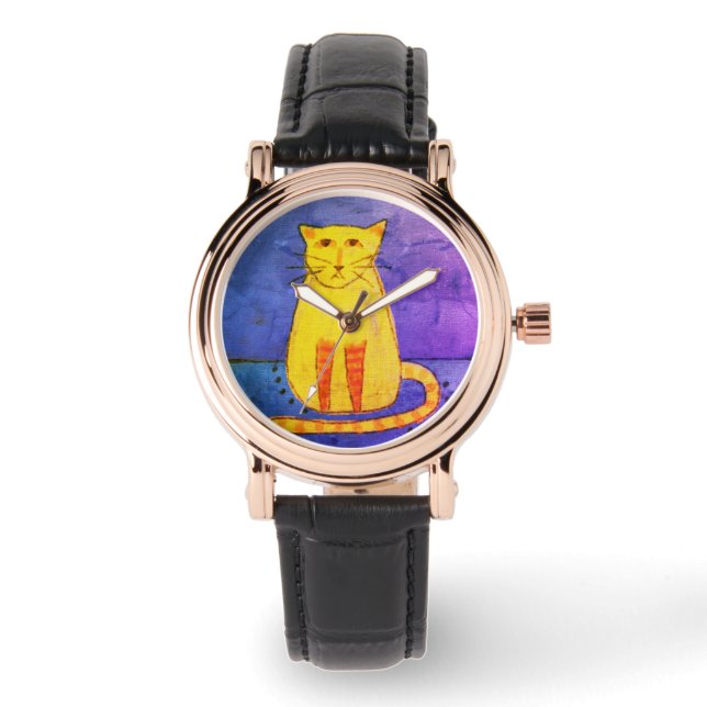 Gele Kat Abstract Draagbare Kunst Horloge (Voorkant)