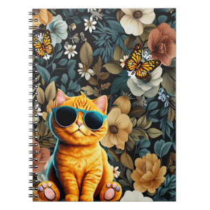 Gele kat en vlinders op bloemenachtergrond notitieboek