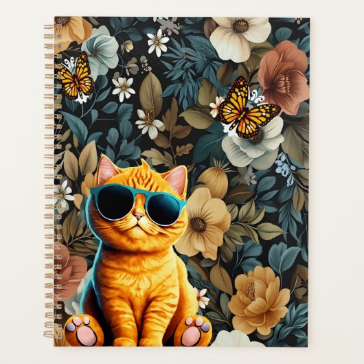 Gele kat en vlinders op bloemenachtergrond planner (Voorkant)
