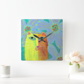 Gele kat met bloemen Abstracte Art Vierkante Klok (Huis)