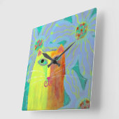 Gele kat met bloemen Abstracte Art Vierkante Klok (Hoek)