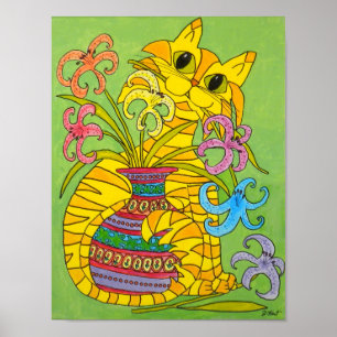 Gele Kat met Vaas van Lelies Poster