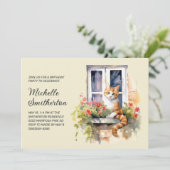 Gele Kat Raam Bloemen Verjaardag Kaart (Staand voorkant)