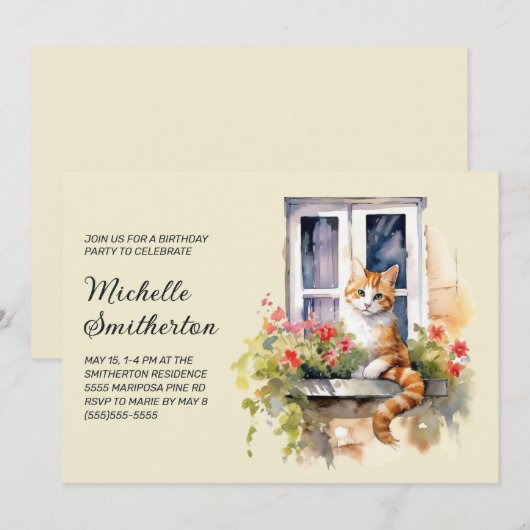 Gele Kat Raam Bloemen Verjaardag Kaart (Voorkant / Achterkant)