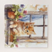 Gele Katje Raam Bloembak Schildering Legpuzzel (Horizontaal)