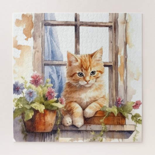 Gele Katje Raam Bloembak Schildering Legpuzzel (Verticaal)